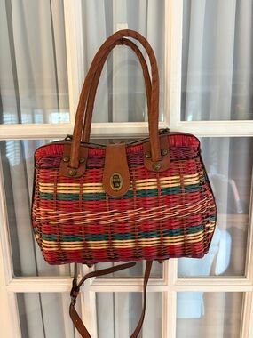 Patricia Nash Multicolor Woven Straw Shoulder Bag with Brown Leather Trim